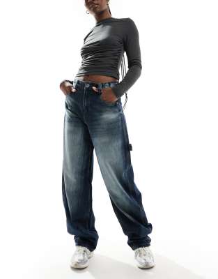 adjustable waist carpenter jeans in acid wash gray