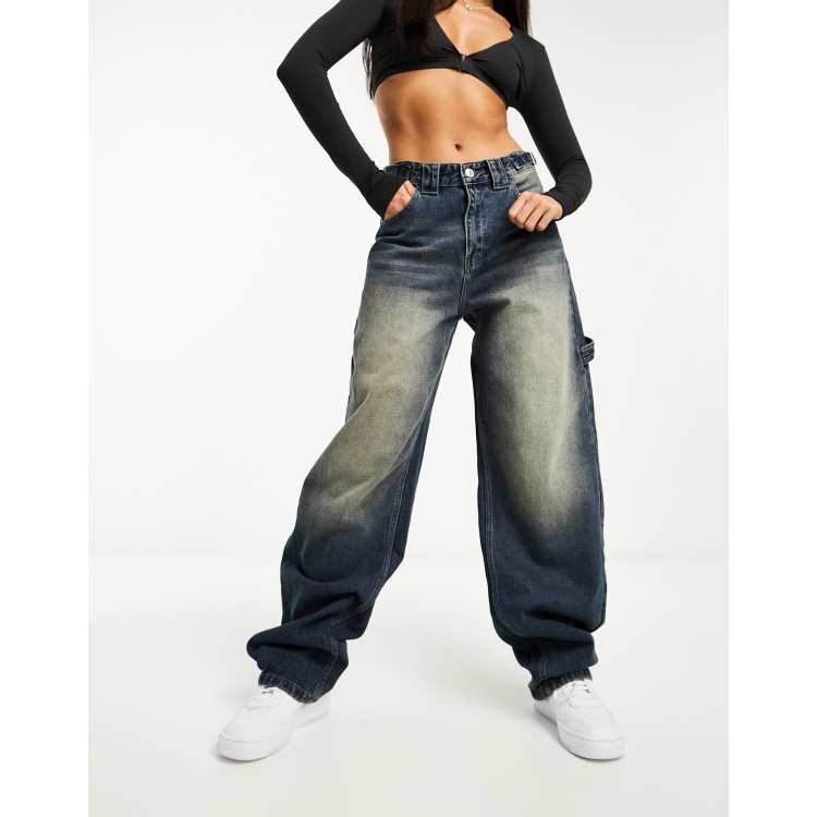 Bershka adjustable waist carpenter jeans in dark dirty wash blue 
