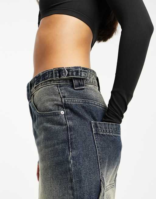 Bershka adjustable waist carpenter jeans in dark dirty wash blue