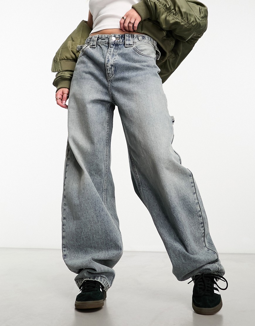 Bershka adjustable waist carpenter jeans in dirty wash-Blue
