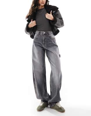 Bershka Adjustable Waist Carpenter Jeans In Black In Gray