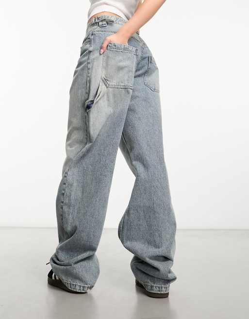 Bershka adjustable waist carpenter jeans in light dirty wash