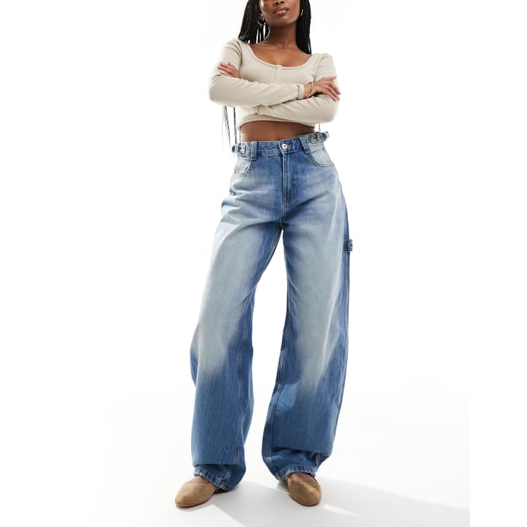 【BAON】Kuhaka carpender washed light blue wide denim pants Bershka baggy carpenter jeans in washed blue | ASOS