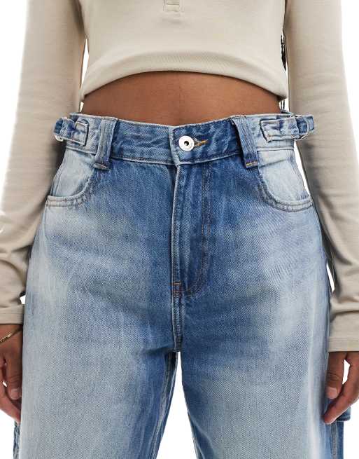 【BAON】Kuhaka carpender washed light blue wide denim pants Bershka adjustable waist carpenter jeans in light wash blue