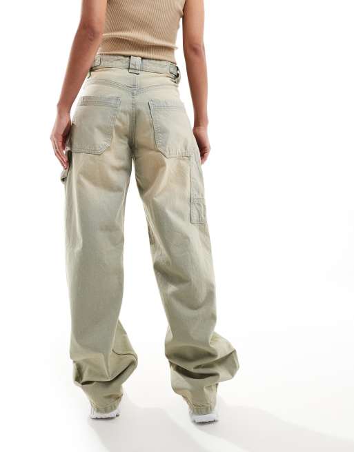 【BAON】[unisex] Banico carpender washing wide pants Bershka adjustable waist carpenter jeans in sand bleach wash
