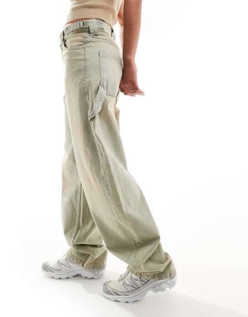 Bershka adjustable waist carpenter jeans in sand bleach wash ASOS