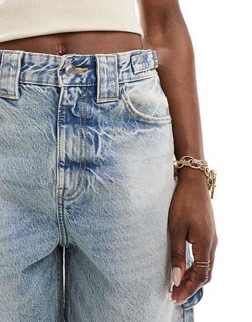 Bershka adjustable waist carpenter jeans in stone wash blue Bershka adjustable waist carpenter jeans in stone wash blue