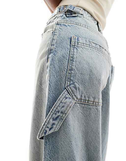Bershka adjustable waist carpenter jeans in stone wash blue Bershka adjustable waist carpenter jeans in stone wash blue