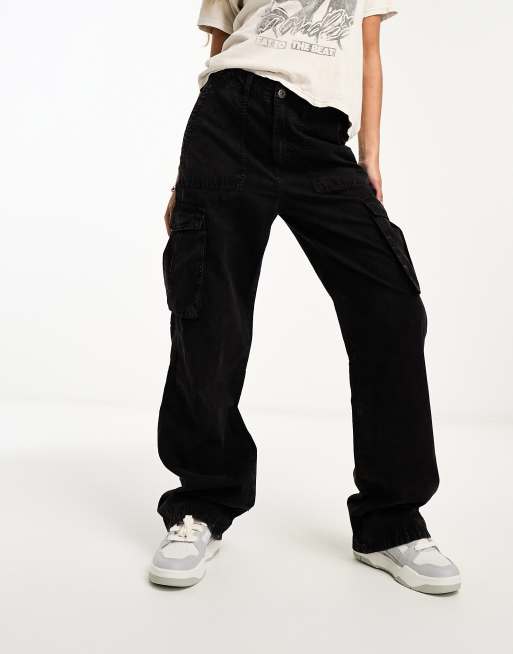 Bershka adjustable waist straight leg cargo pants in washed black