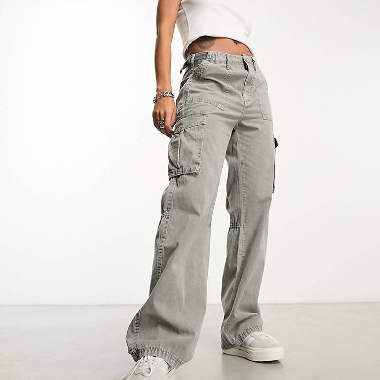 Bershka adjustable waist straight leg cargo pants in washed gray