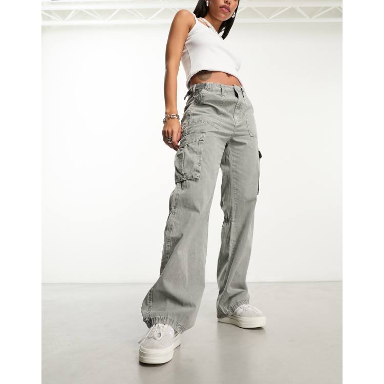 Bershka adjustable waist straight leg cargo pants in washed gray