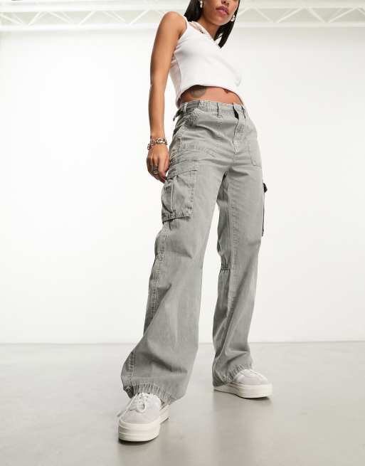 Bershka adjustable waist straight leg cargo pants in washed gray | ASOS