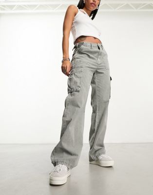Bershka adjustable waist straight leg cargo trousers in washed grey