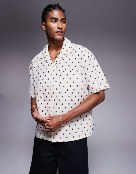 Bershka all-over embroidered natural shirt in ecru - view 1
