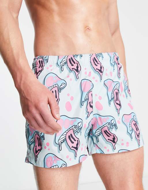 Bershka all-over mushroom print swim shorts in blue, 2 of 4