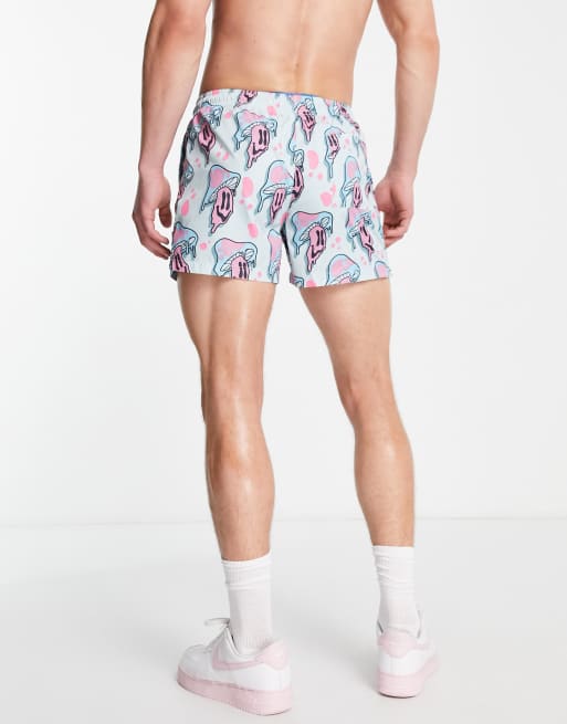 Bershka all-over mushroom print swim shorts in blue, 3 of 4
