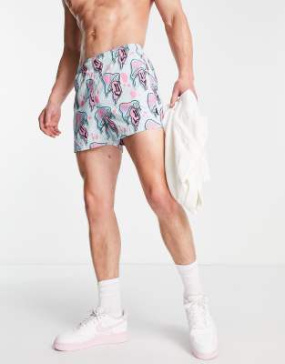 Bershka all-over mushroom print swim shorts in blue