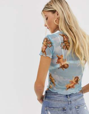 bershka angel print t shirt in blue