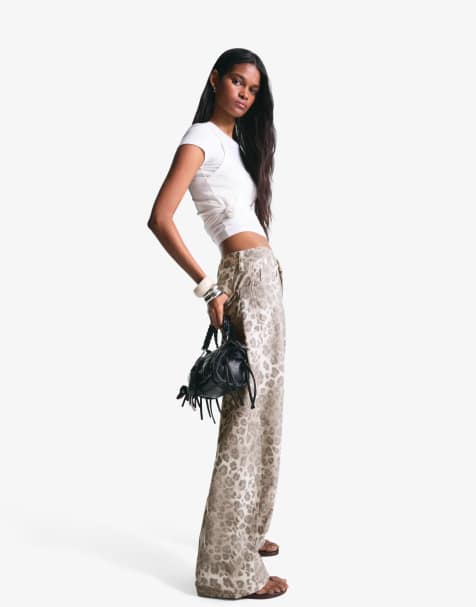 Bershka Animal print barrel trousers in brown