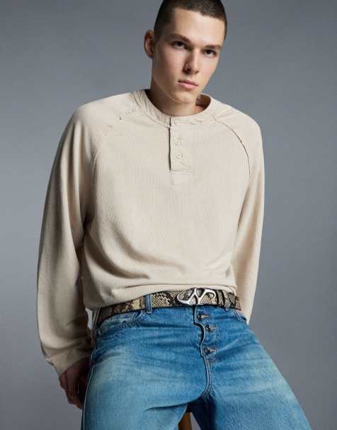 Bershka Animal print buckle belt in beige - view 1