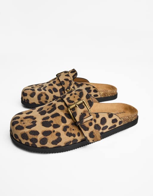 Bershka Animal print clogs with buckle in brown | ASOS