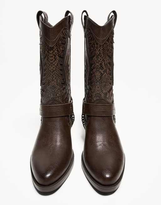Bershka animal print cowboy boots in brown ASOS
