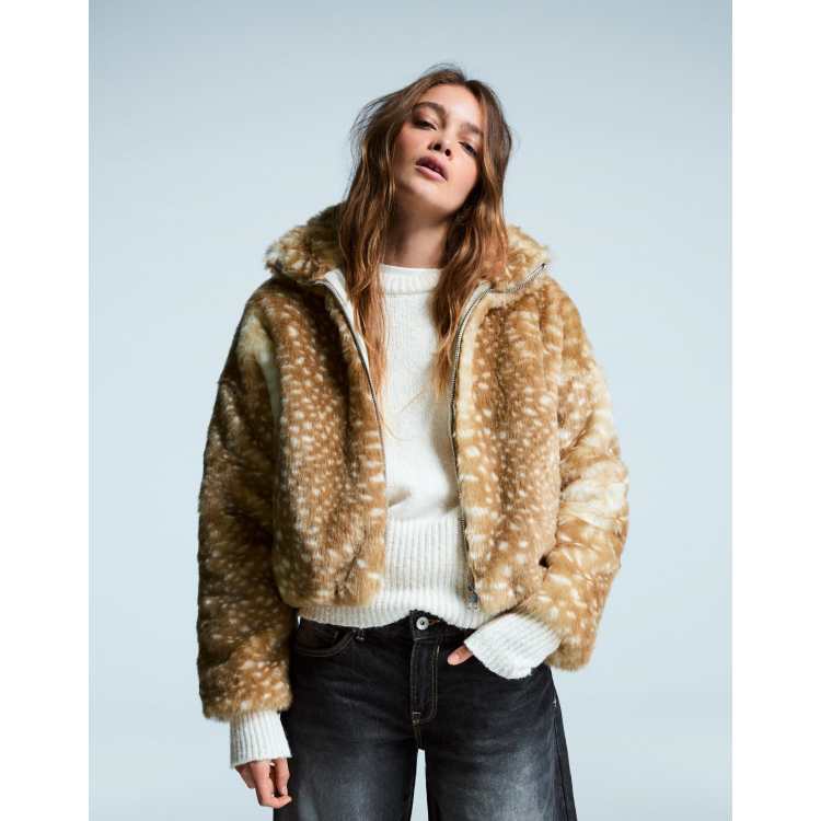 Bershka Animal print faux fur jacket in camel | ASOS