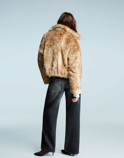 Bershka Animal print faux fur jacket in camel | ASOS