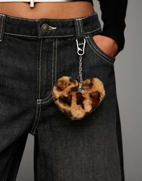Bershka Animal print heart key ring in brown - view 1