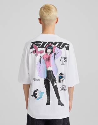 Bershka anime oversized t-shirt in white