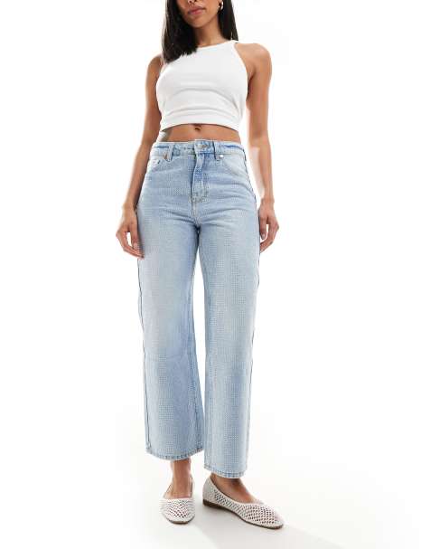 Bershka ankle length straight wide leg jeans in mid wash - view 1
