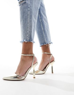 Bershka ankle strap court heeled sandals in metallic gold