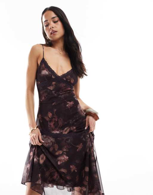 bershka floral midi dress Bershka asymetric hem midi dress in burgundy floral