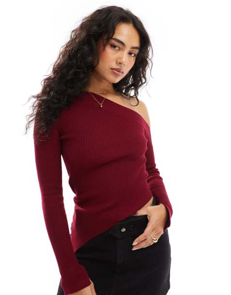 Bershka asymetric knitted top in burgundy - view 1
