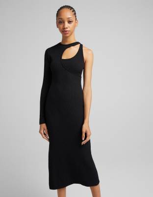 Bershka Asymetric Ribbed Midi Dress In Black | ModeSens