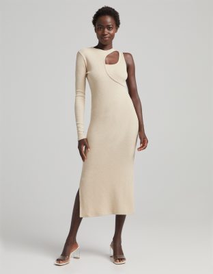 Bershka asymetric ribbed midi dress in cream