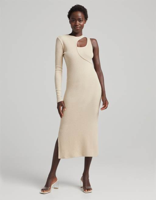 Ribbed cream midi store dress