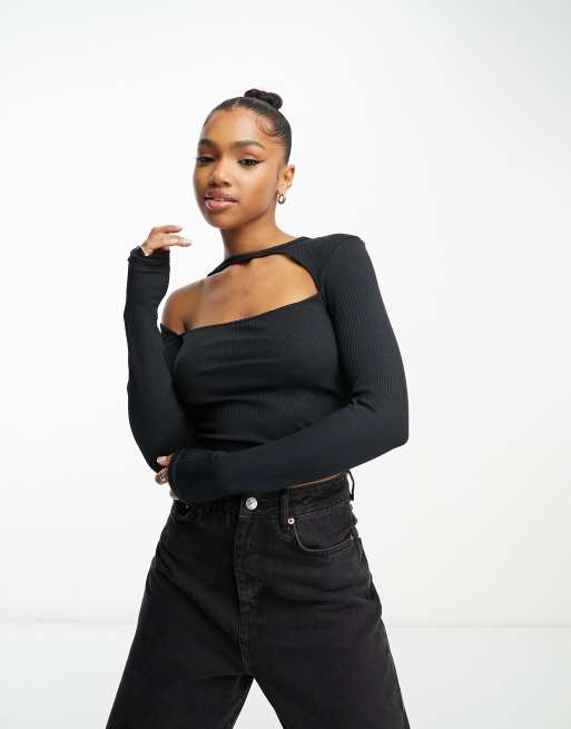 Bershka asymmetric cut out ribbed top in black | ASOS