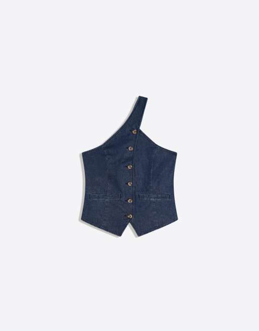 Bershka Asymmetric denim top in blue | ASOS