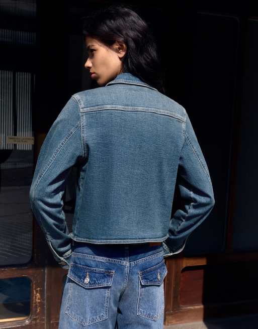 Bershka Asymmetric fitted denim jacket in denim blue, 3 of 6