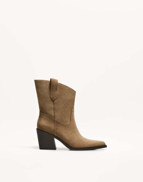 Bershka asymmetric heeled cowboy ankle boots in tan - view 1