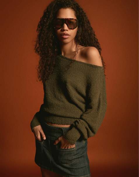 Bershka Asymmetric jumper in khaki - view 1