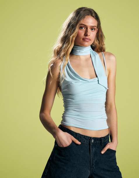 Bershka Asymmetric kerchief top in light blue - view 1