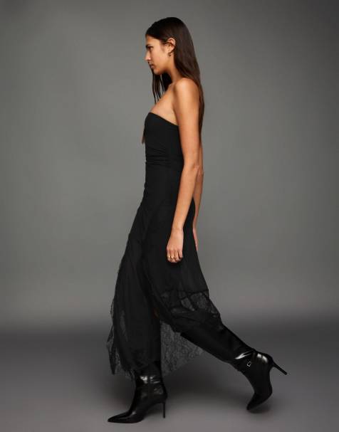 Bershka Asymmetric lace bandeau tulle midi dress in black - view 1