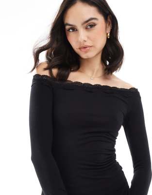 asymmetric lace detail top in black