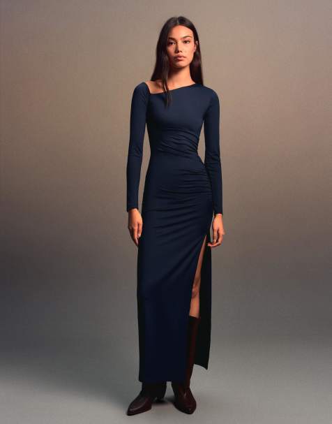 Bershka Asymmetric long sleeve midi dress in navy - view 1