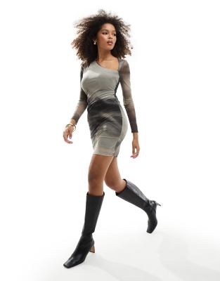 asymmetric mesh mini dress in gray ombre