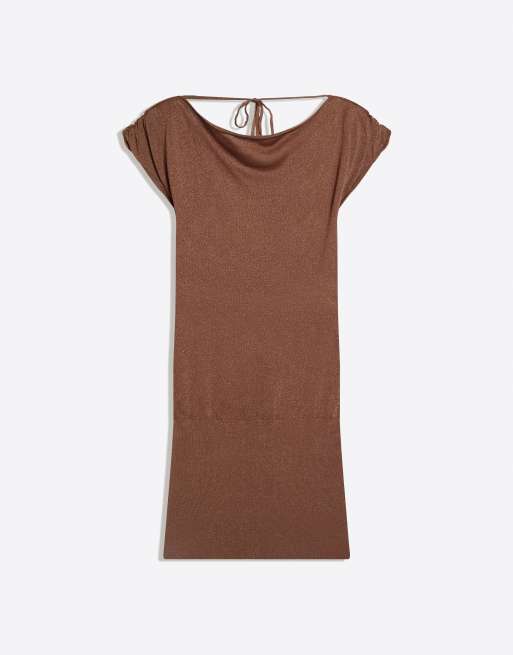 Bershka Asymmetric mini dress in brown, 4 of 4