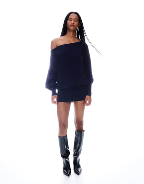 Bershka Asymmetric mini dress with ribbed hem in denim blue - view 1