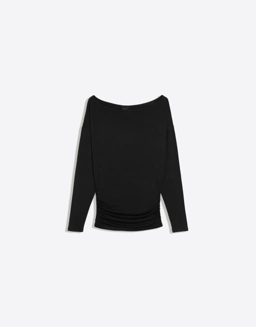 Bershka Asymmetric neck long-sleeved t-shirt in black, 5 of 5